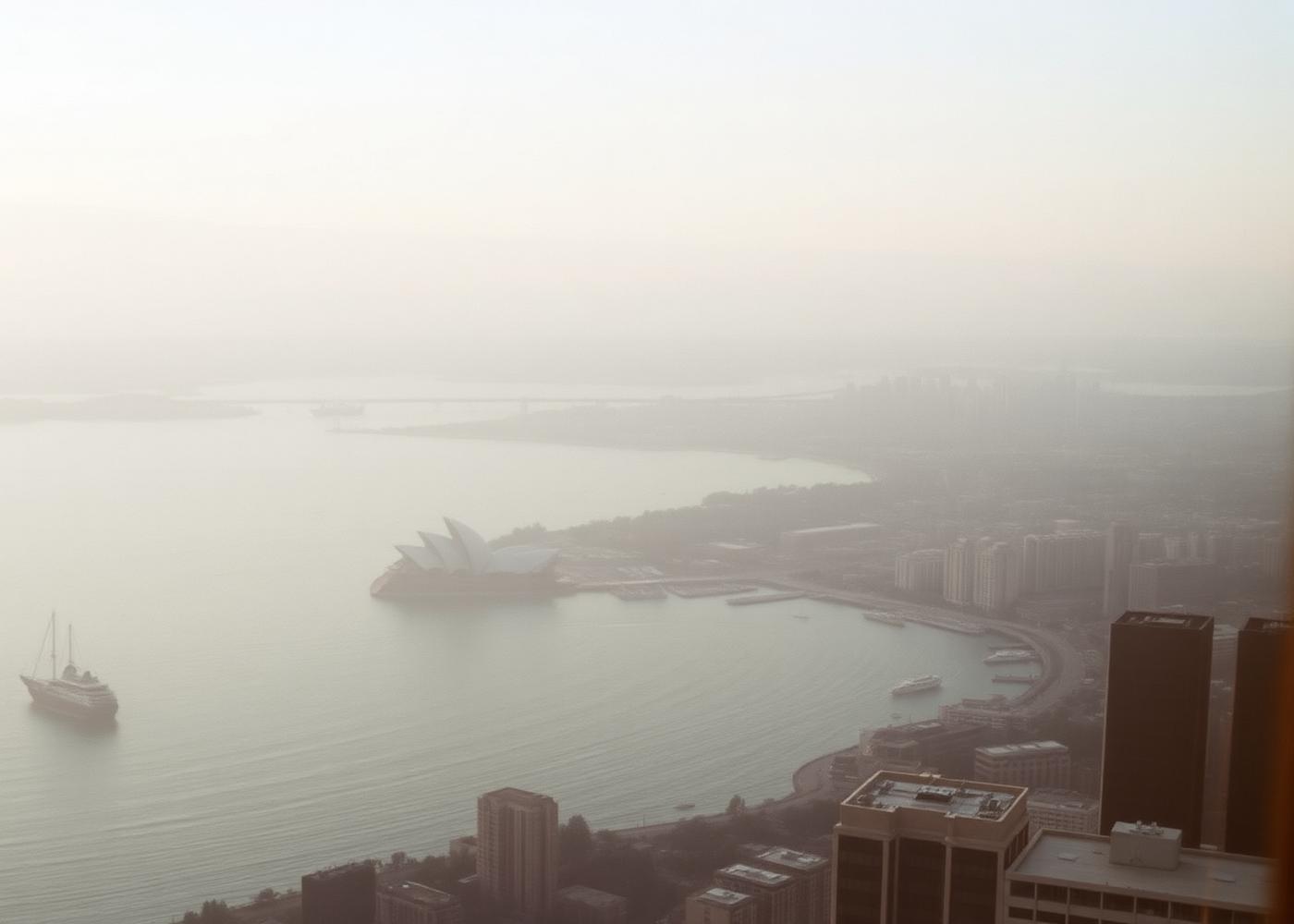 A hazy view across Sydney Harbour at dawn