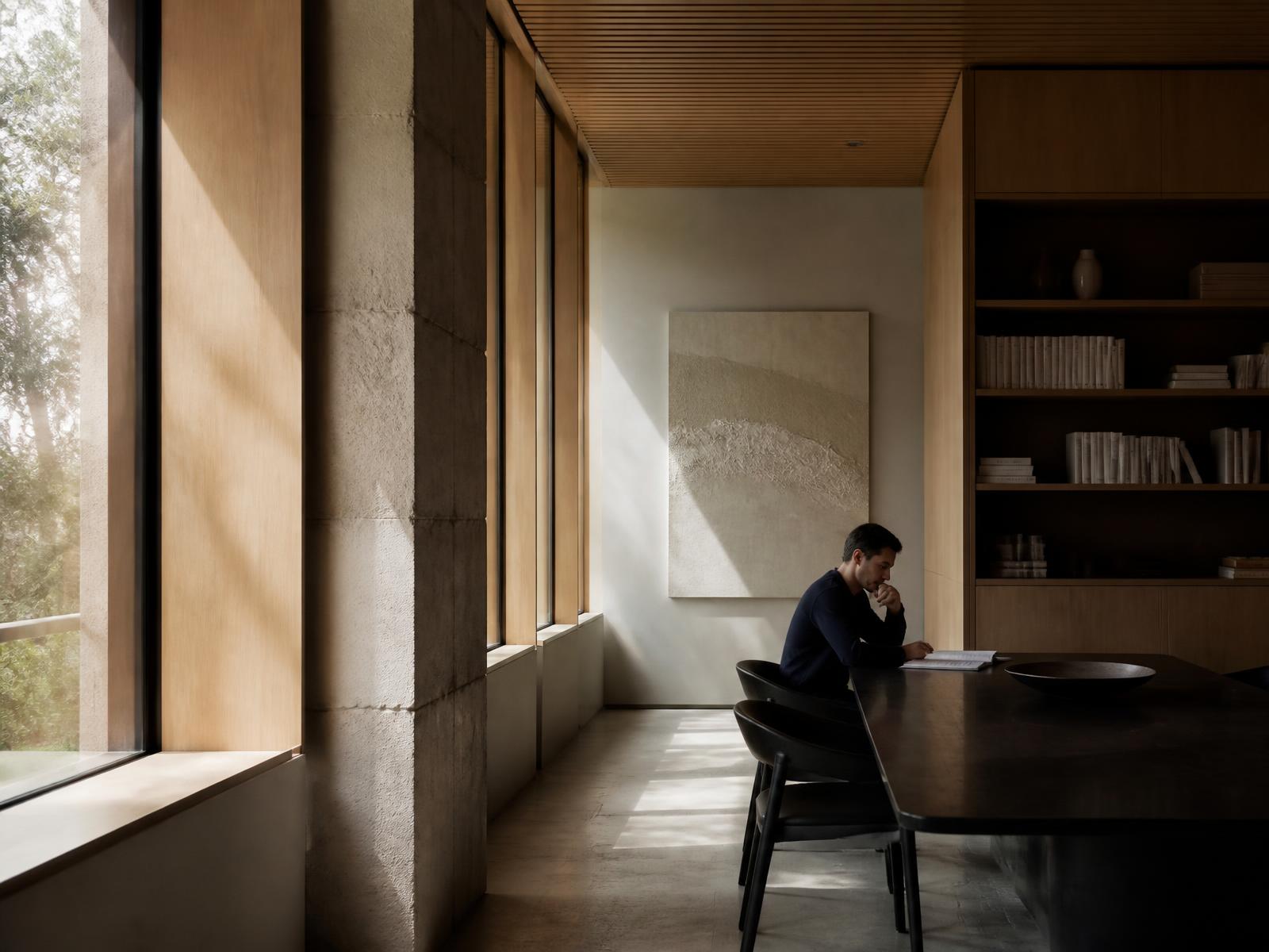 A quiet, light-filled advisory office with a long table and tall windows